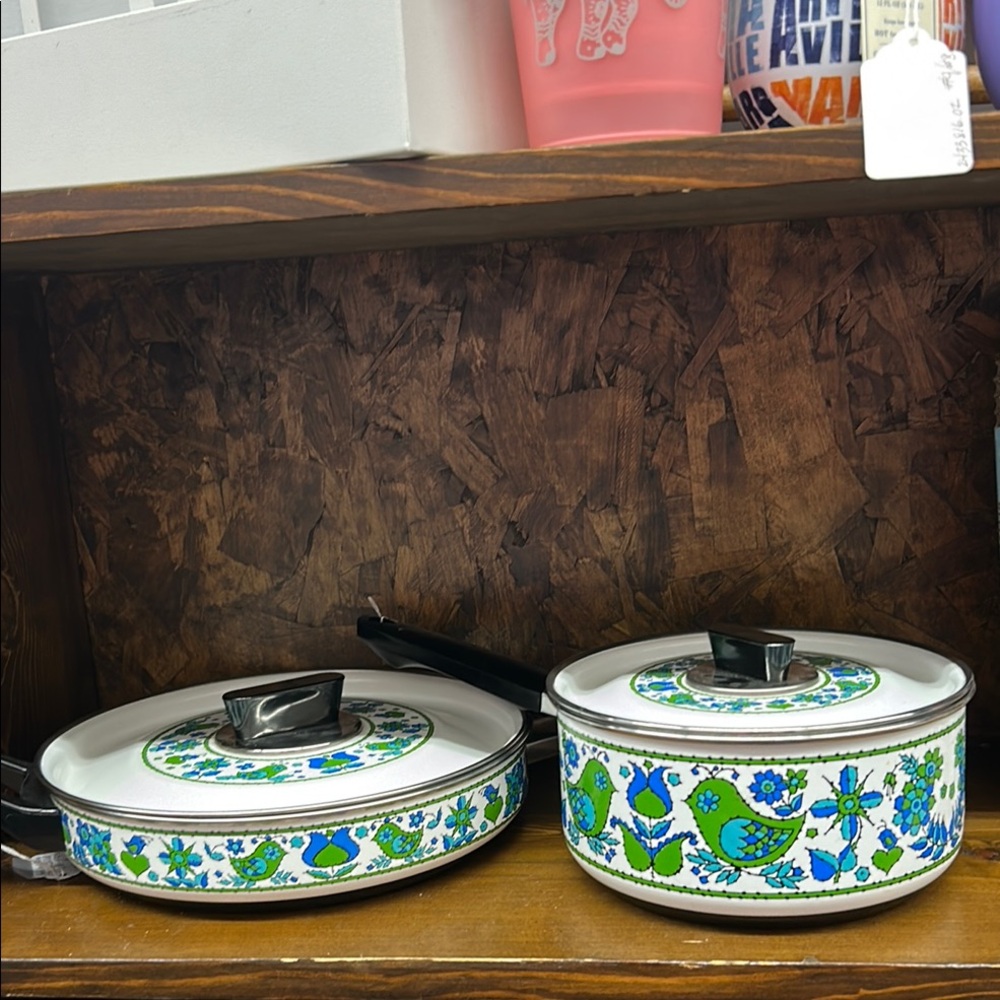 Vintage ‘70’s Fancipans Paisley Bird & Flowers Danish Enamal Cookware with Lids